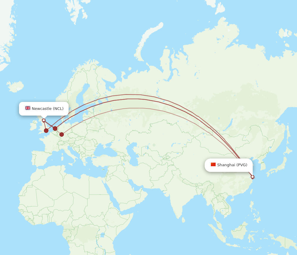 NCL to PVG flights and routes map