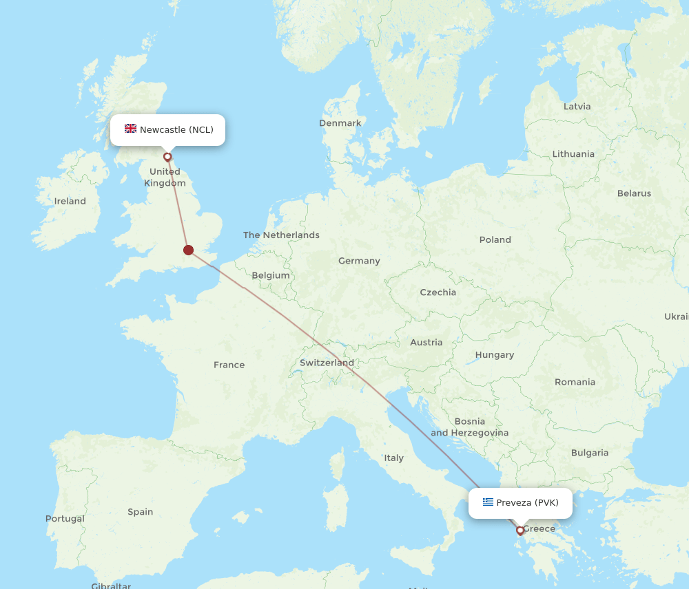 NCL to PVK flights and routes map