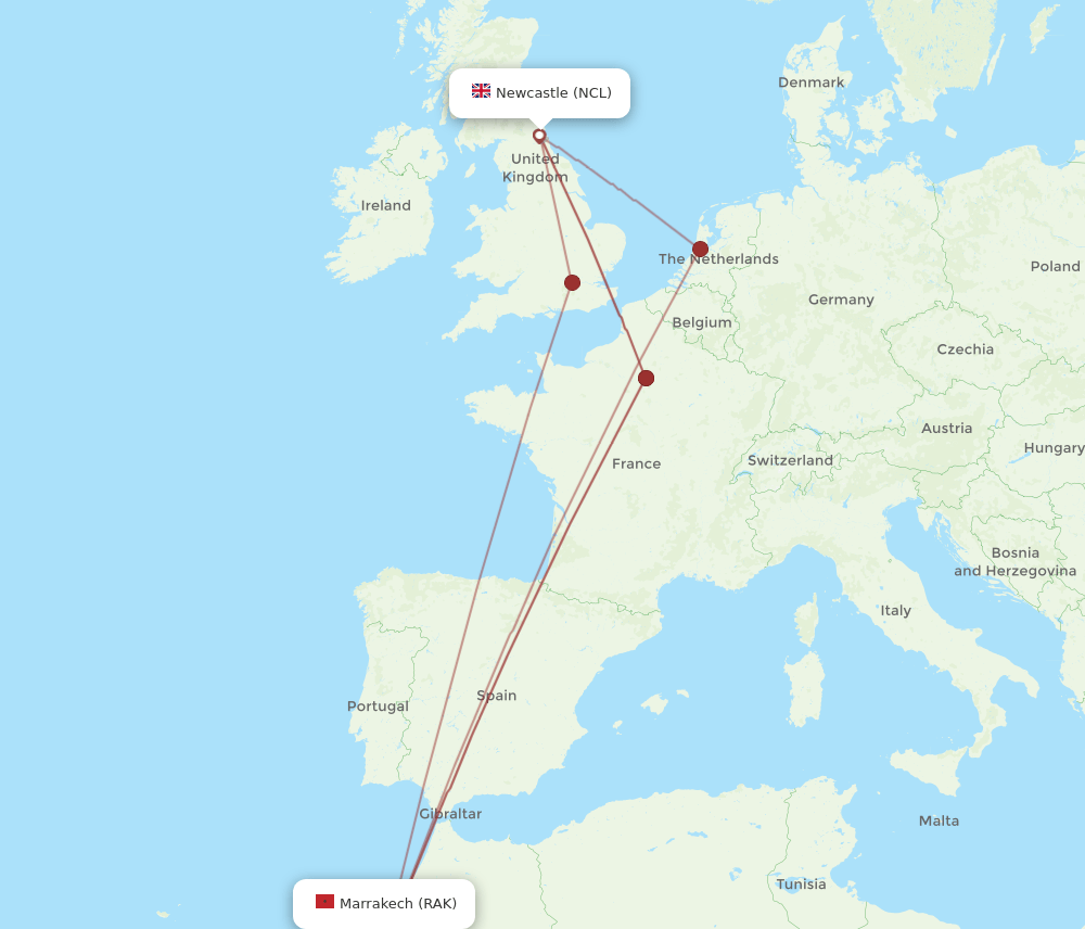 NCL-RAK flight routes
