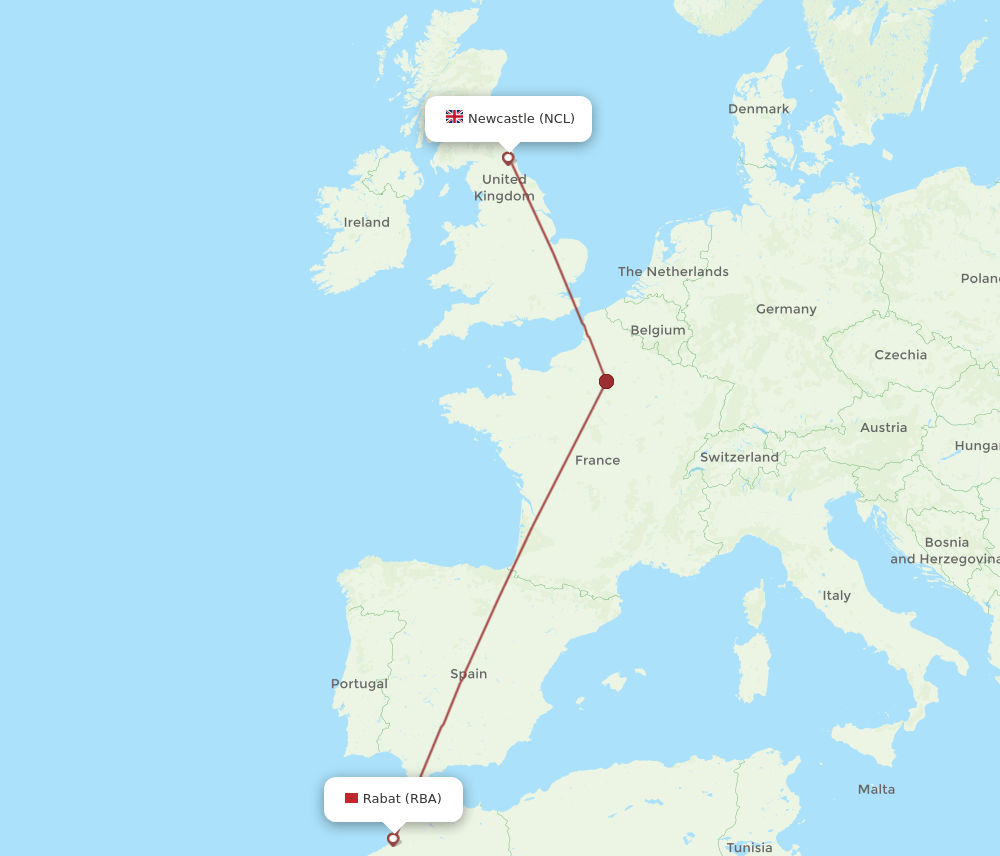 NCL-RBA flight routes