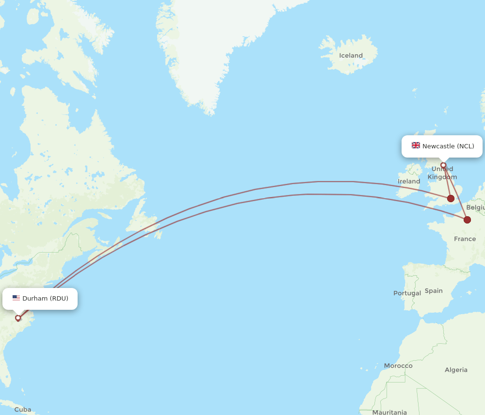 NCL to RDU flights and routes map