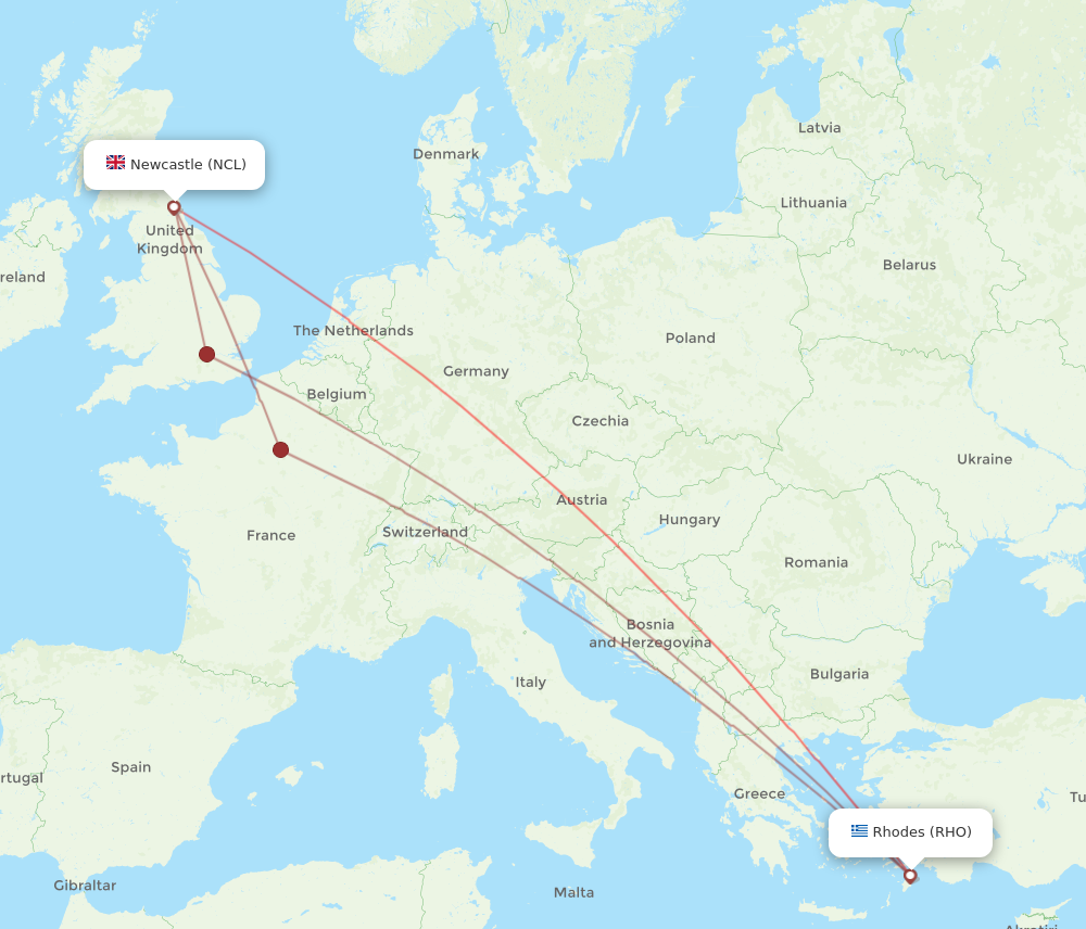 NCL to RHO flights and routes map