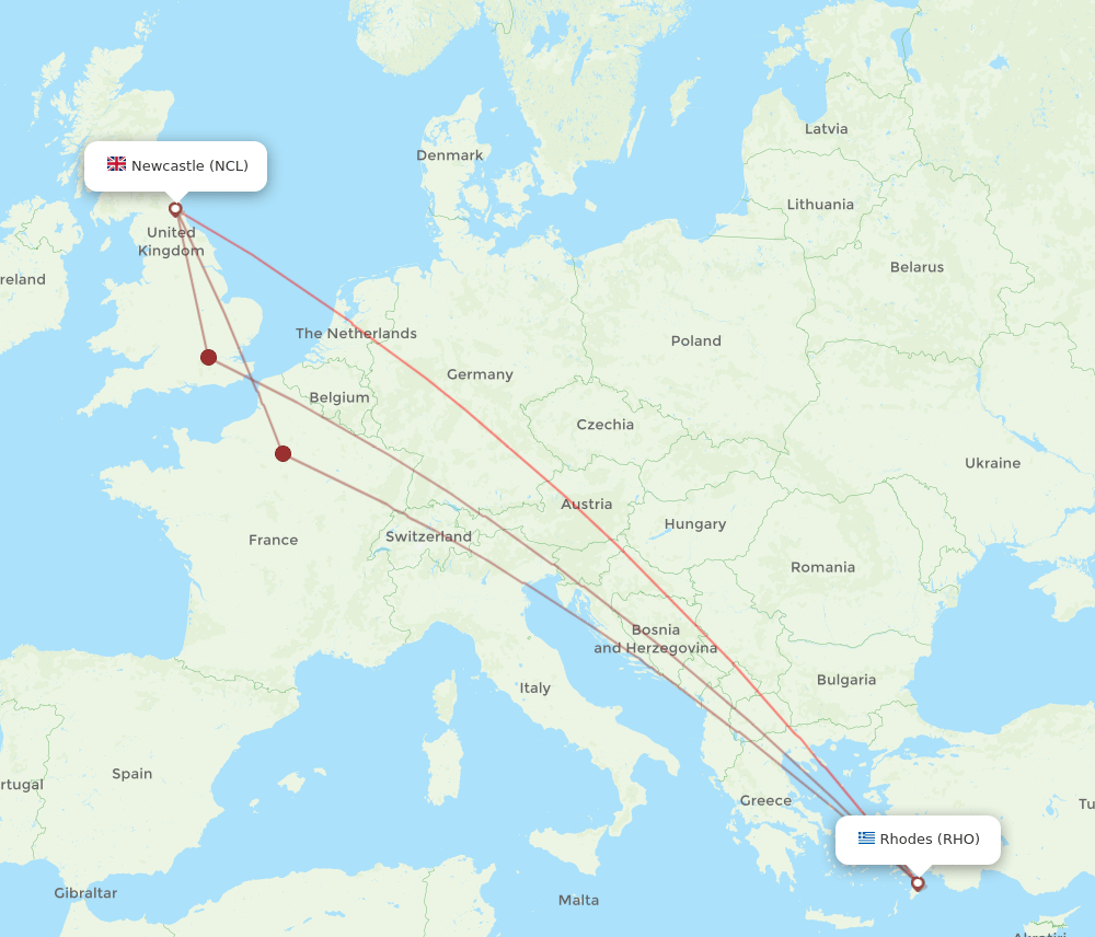 NCL-RHO flight routes