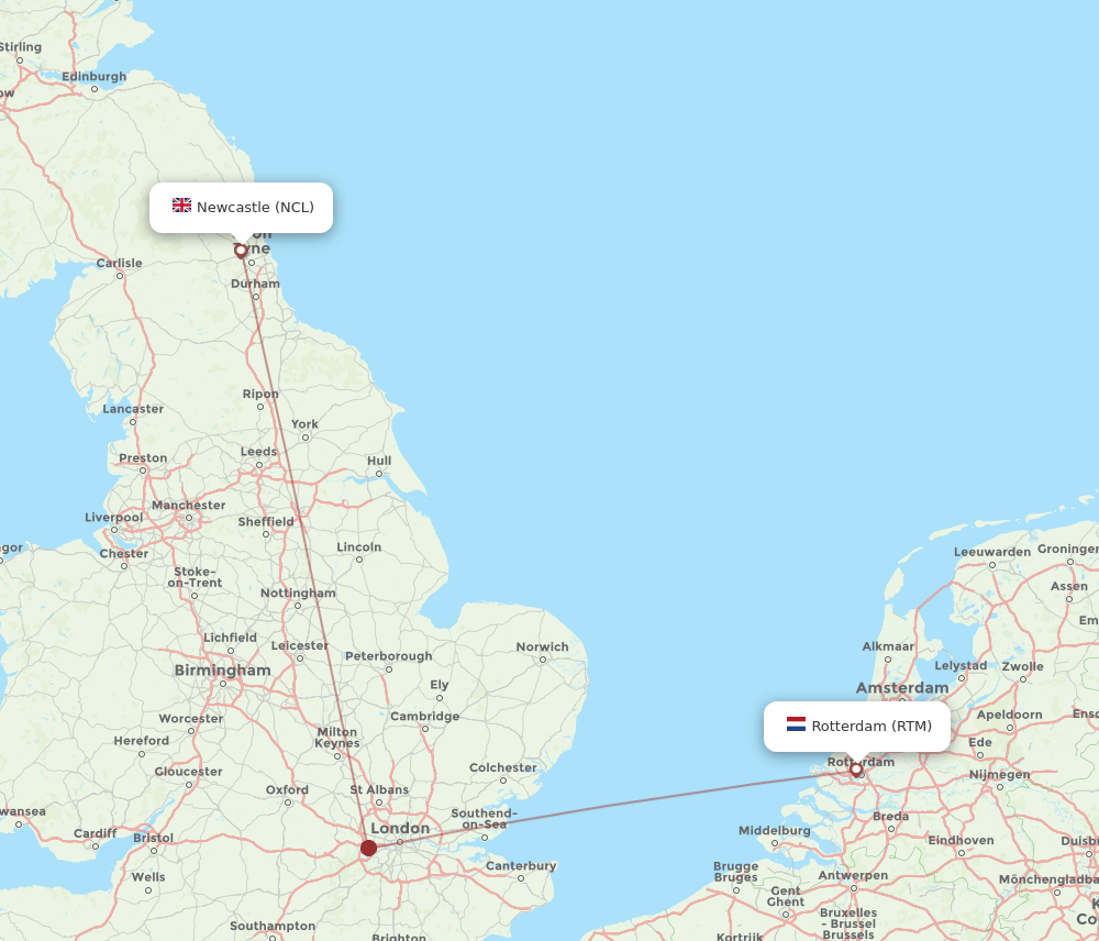 NCL to RTM flights and routes map