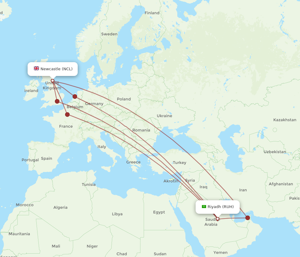 NCL to RUH flights and routes map