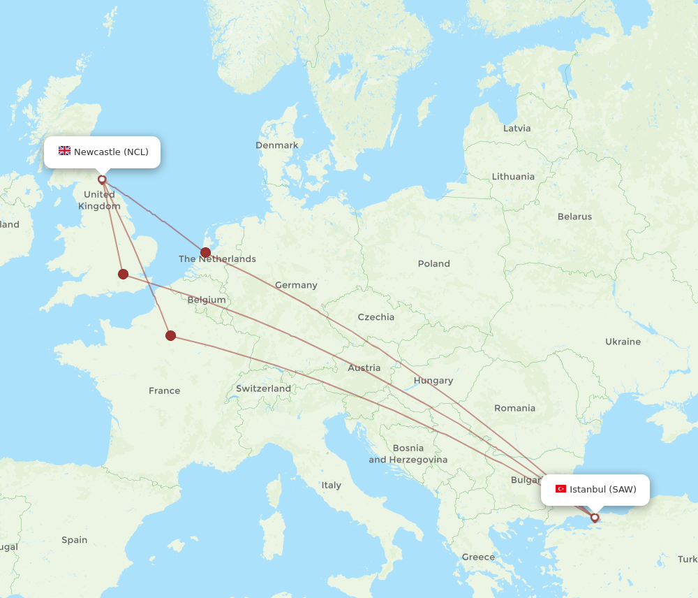 NCL to SAW flights and routes map