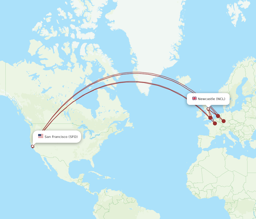 NCL to SFO flights and routes map