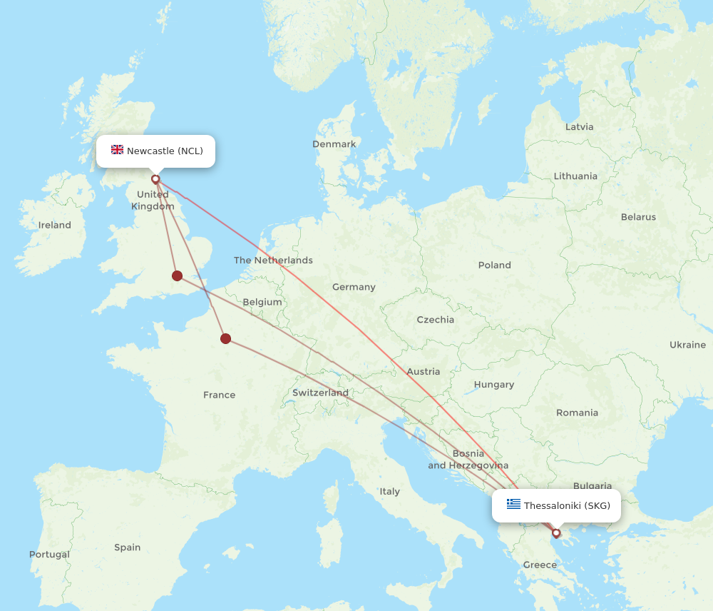 NCL to SKG flights and routes map