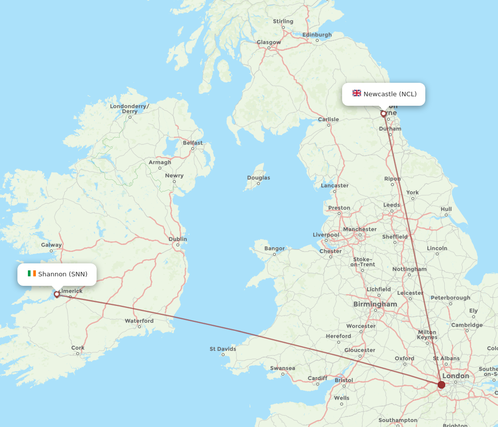 NCL to SNN flights and routes map