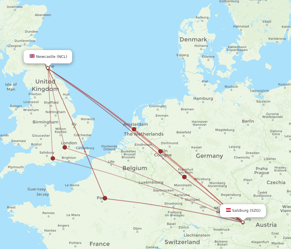 NCL to SZG flights and routes map
