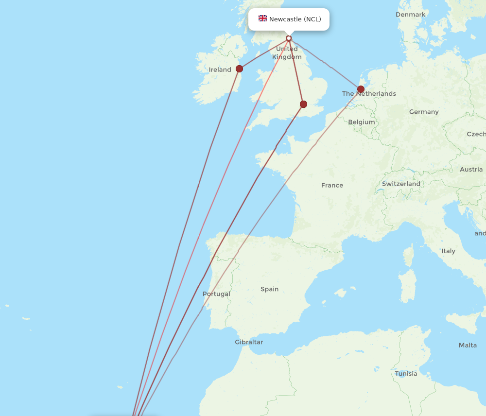 NCL to TFS flights and routes map