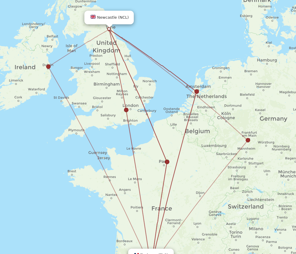 NCL to TLS flights and routes map