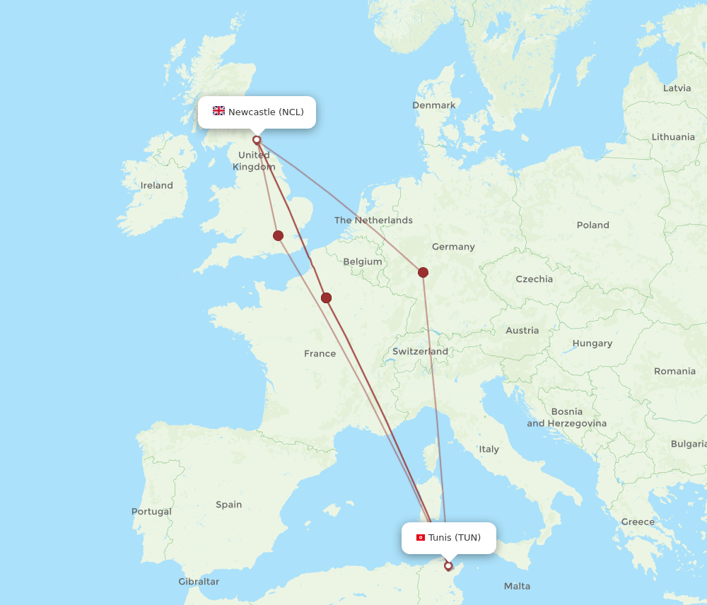 NCL to TUN flights and routes map