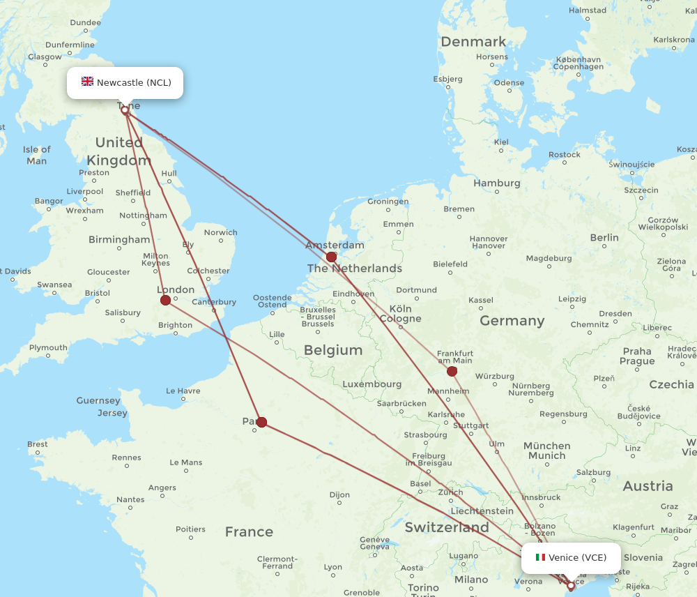 NCL to VCE flights and routes map