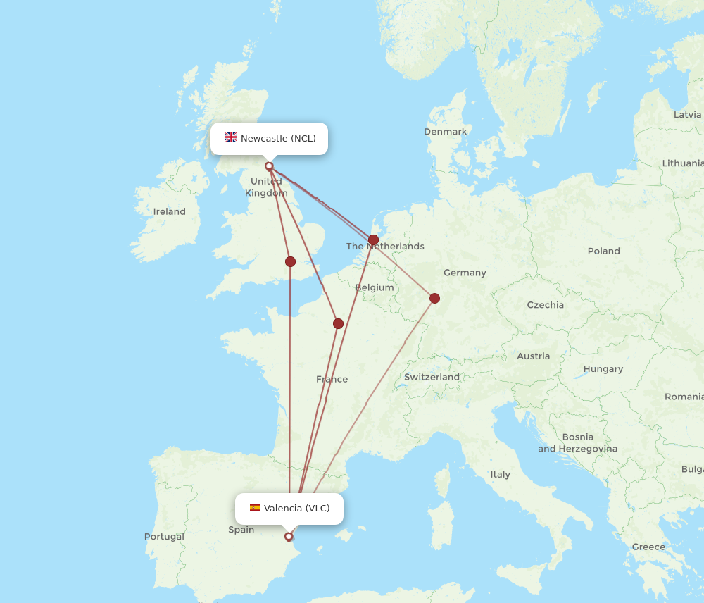 NCL to VLC flights and routes map