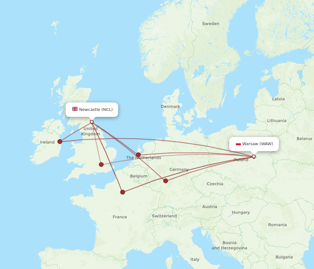 NCL to WAW flights and routes map