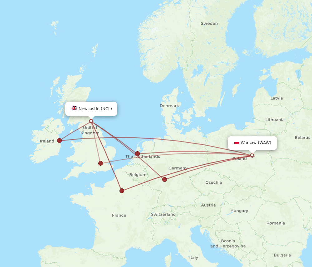 NCL-WAW flight routes