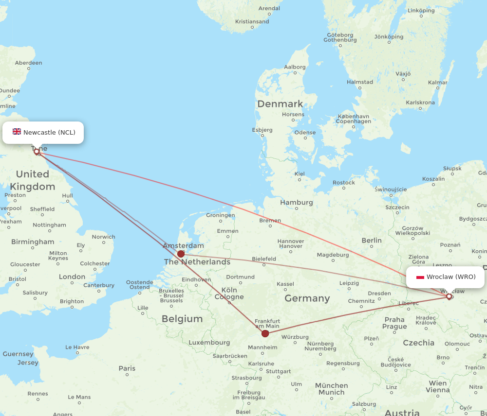 NCL to WRO flights and routes map