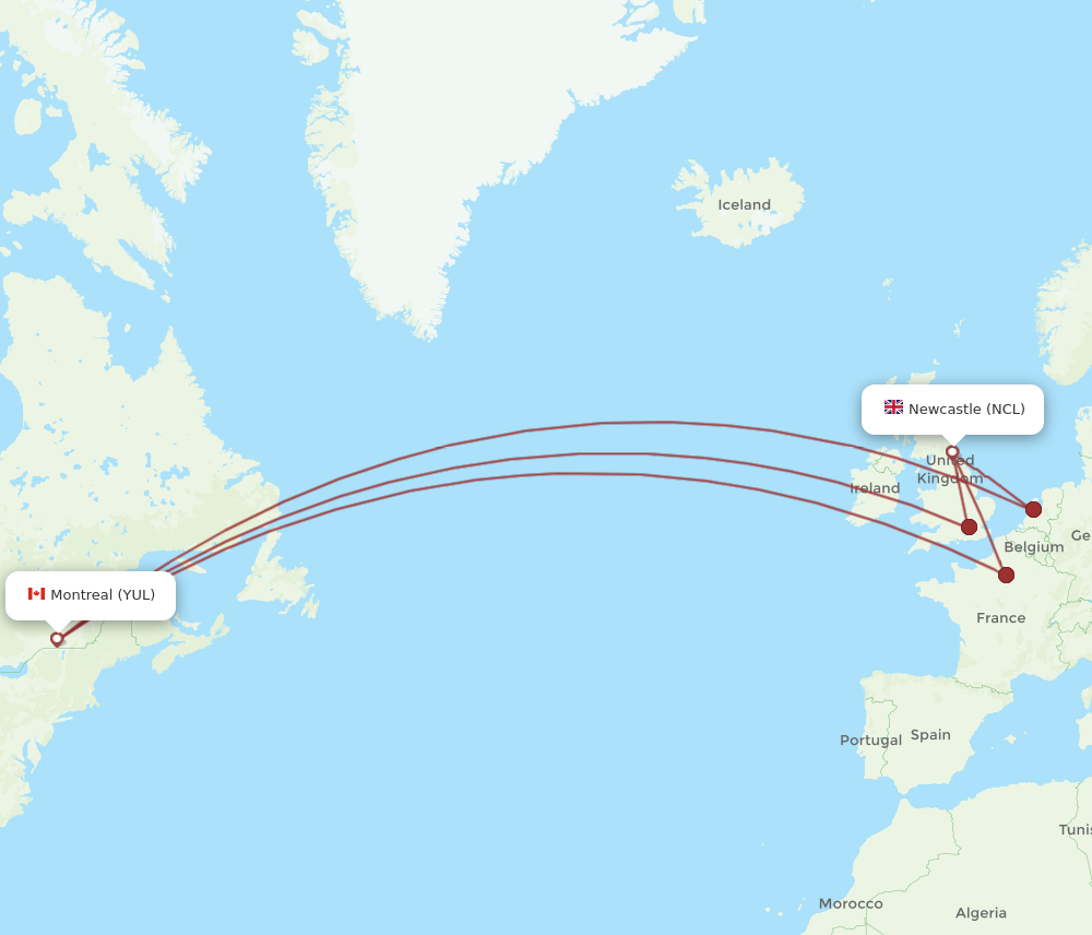 NCL to YUL flights and routes map
