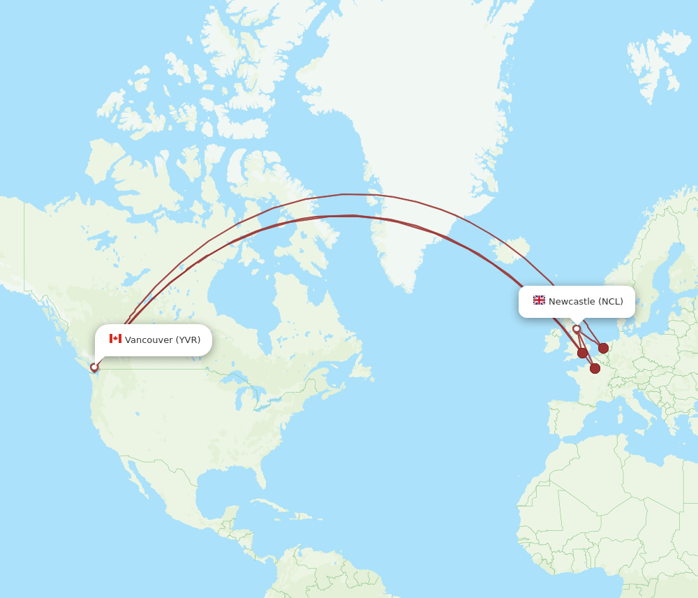 Vancouver - Newcastle route map and flight paths