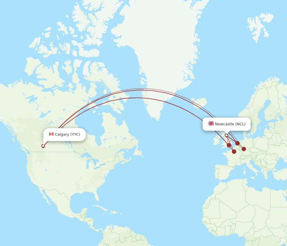 YYC to NCL flights and routes map