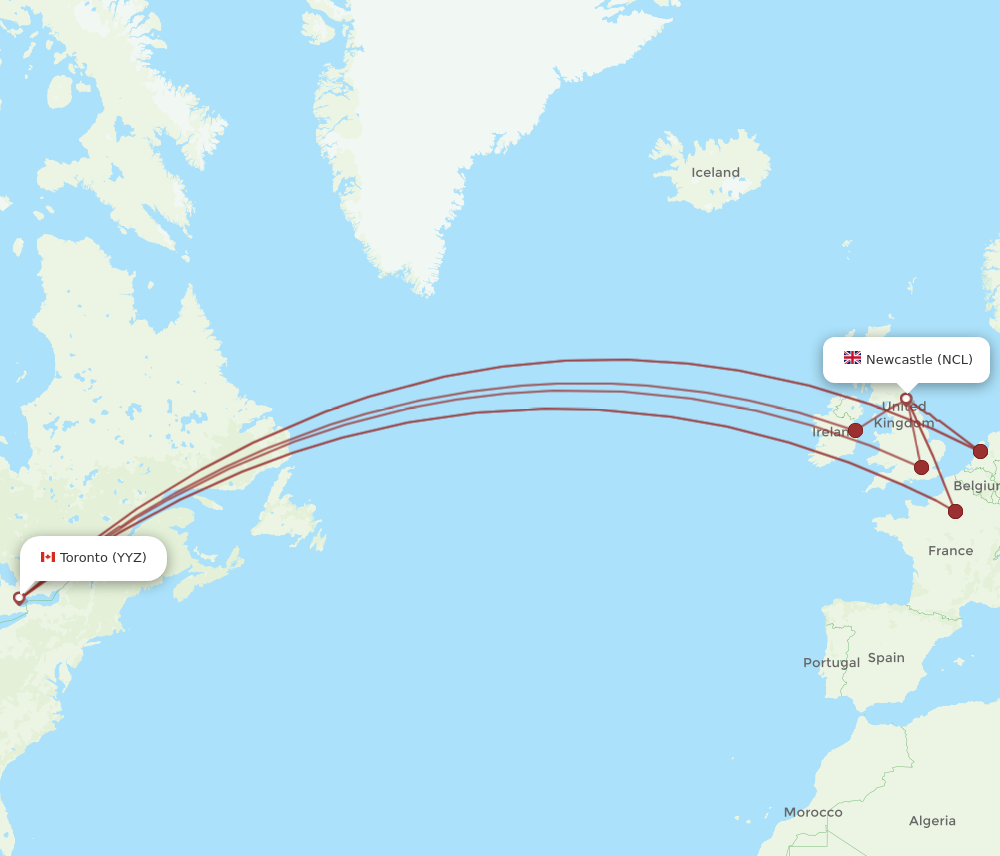 YYZ to NCL flights and routes map