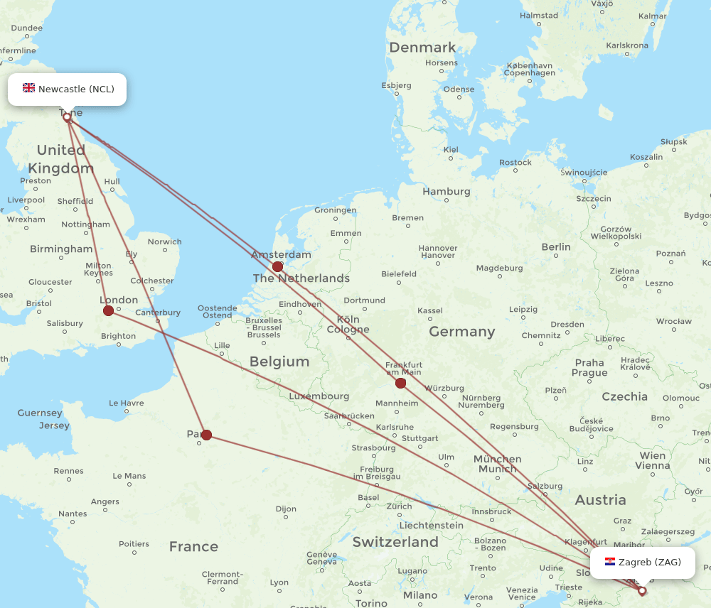 Zagreb - Newcastle route map and flight paths