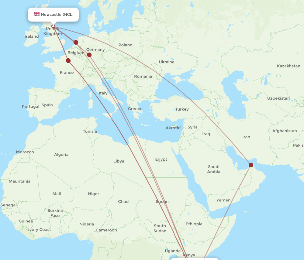 Zanzibar - Newcastle route map and flight paths