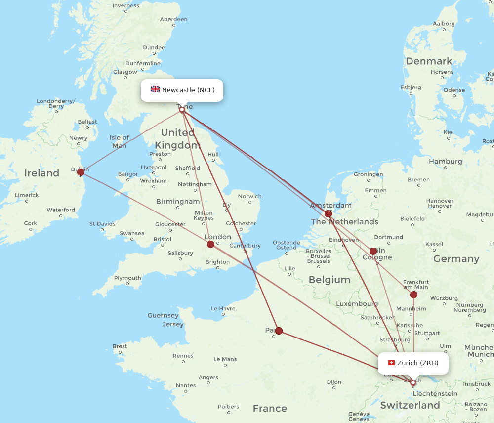 NCL to ZRH flights and routes map