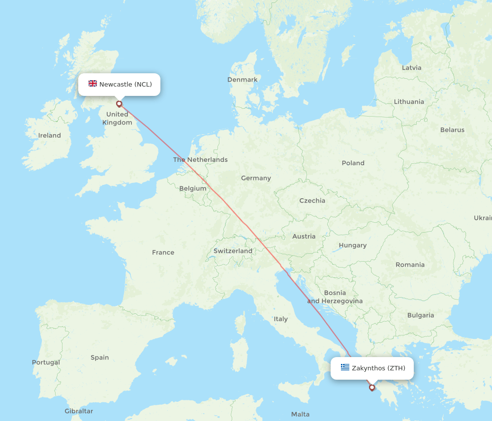 NCL to ZTH flights and routes map