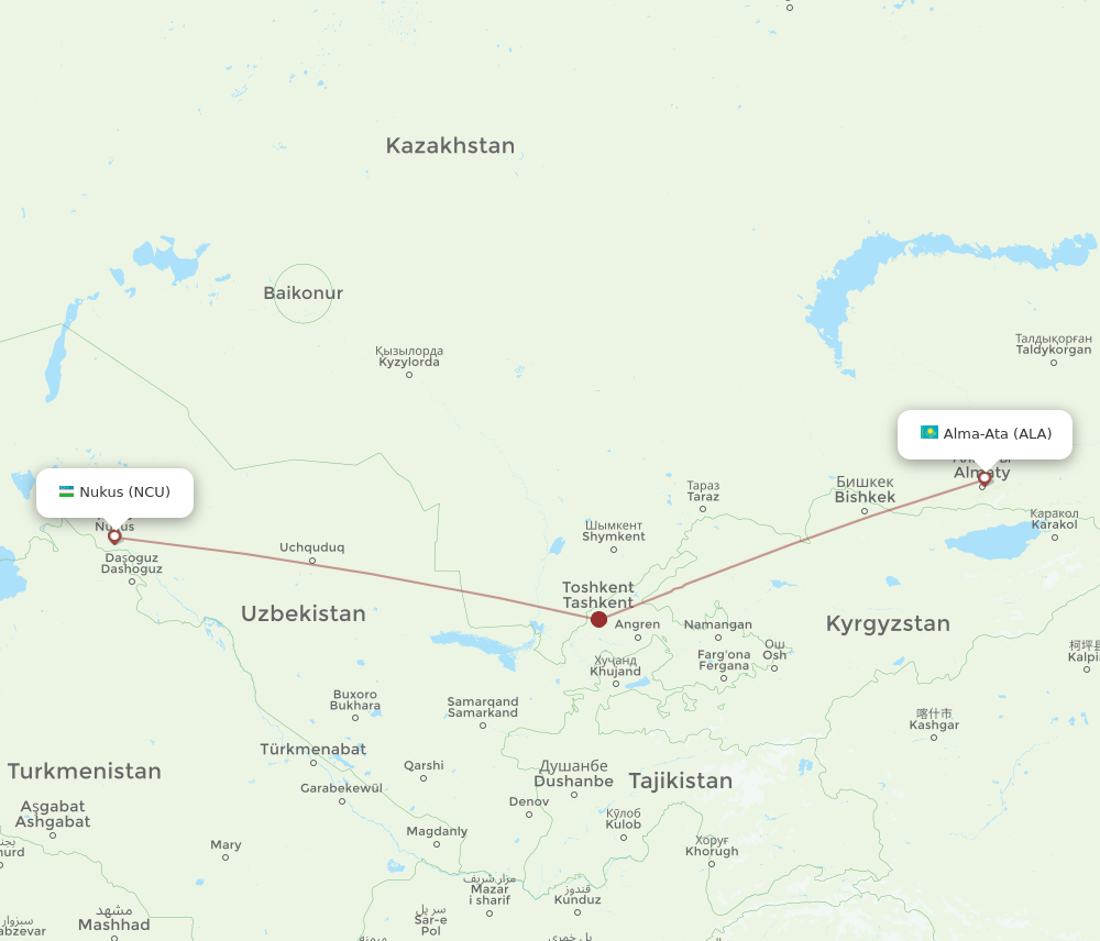 Almaty - Nukus route map and flight paths
