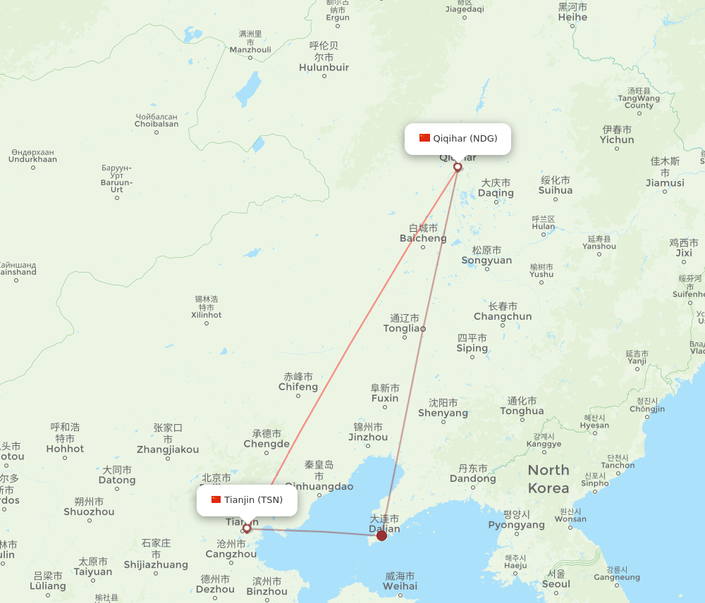 NDG to TSN flights and routes map