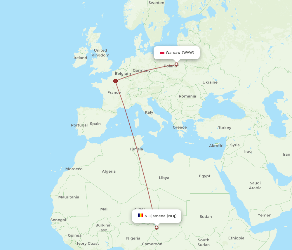 NDJ to WAW flights and routes map