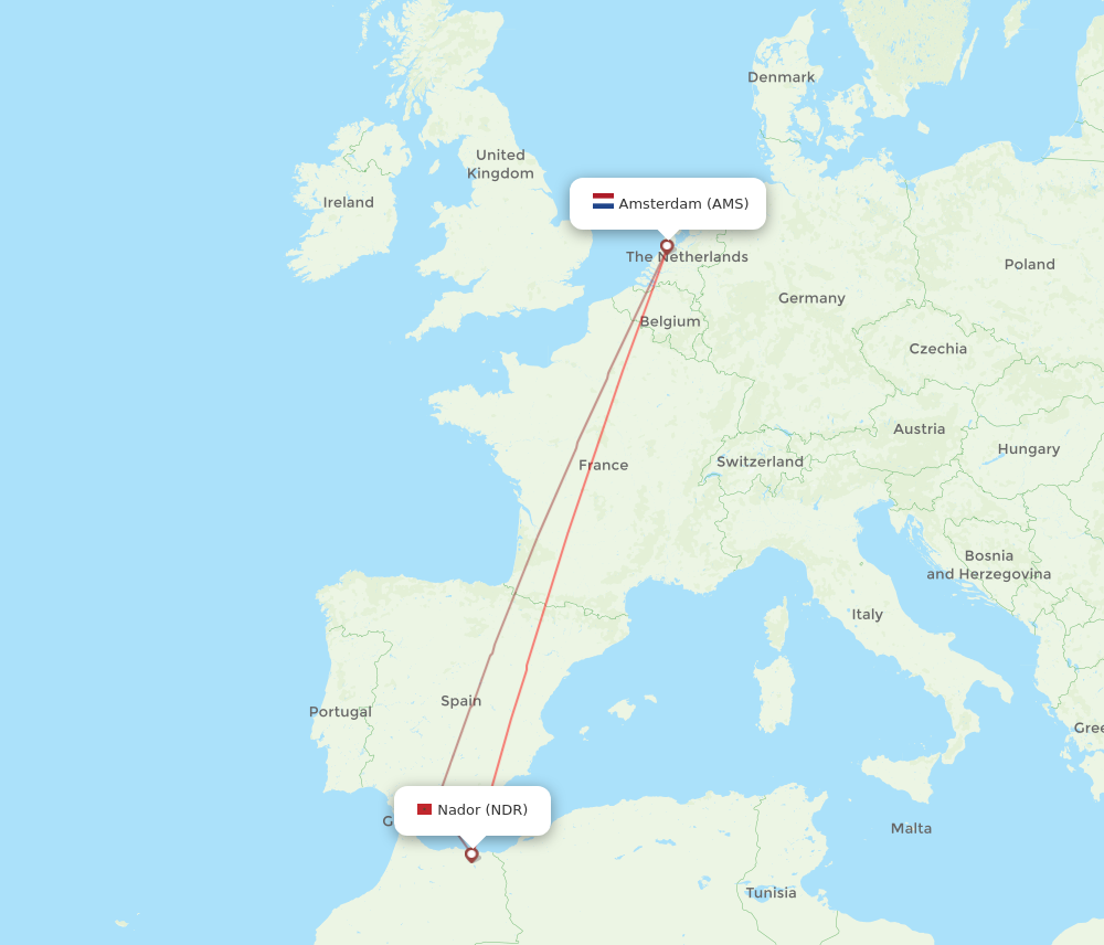 NDR to AMS flights and routes map