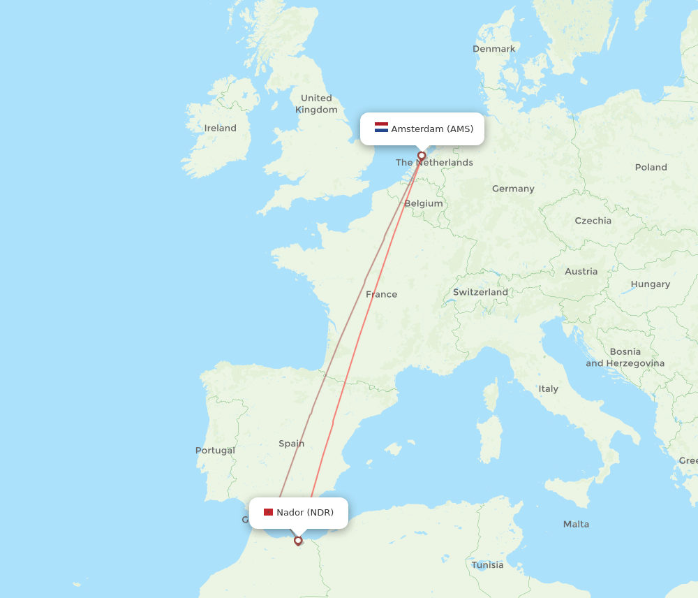 NDR to AMS flights and routes map