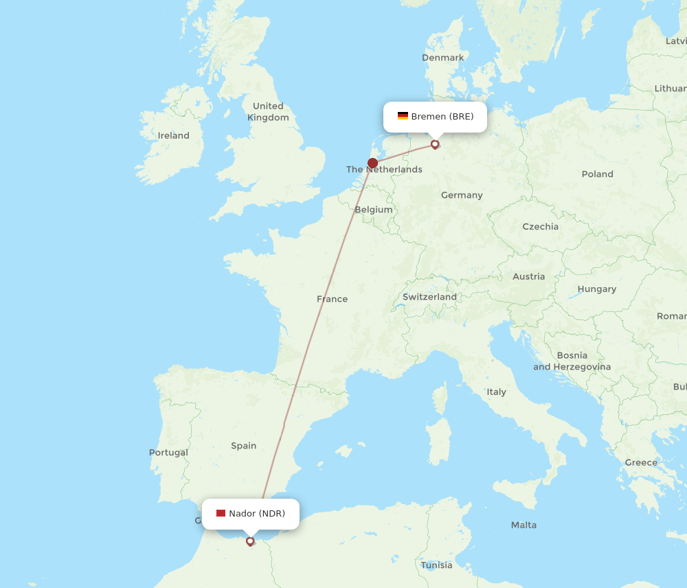 Bremen - Nador route map and flight paths