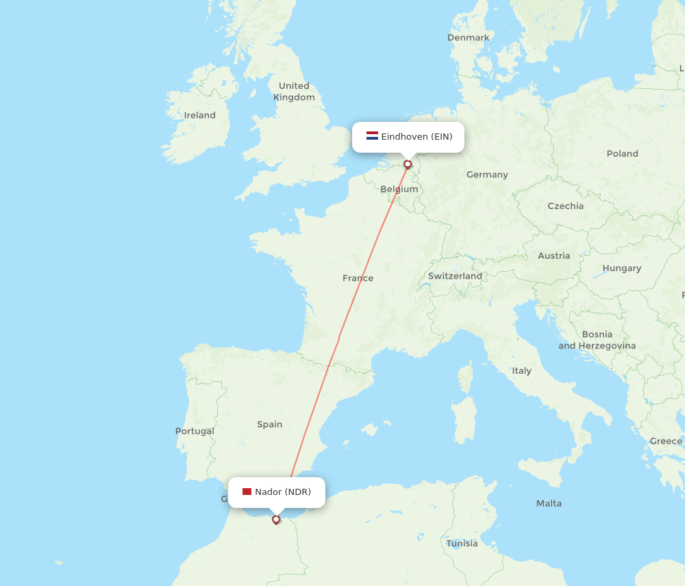 Nador - Eindhoven route map and flight paths