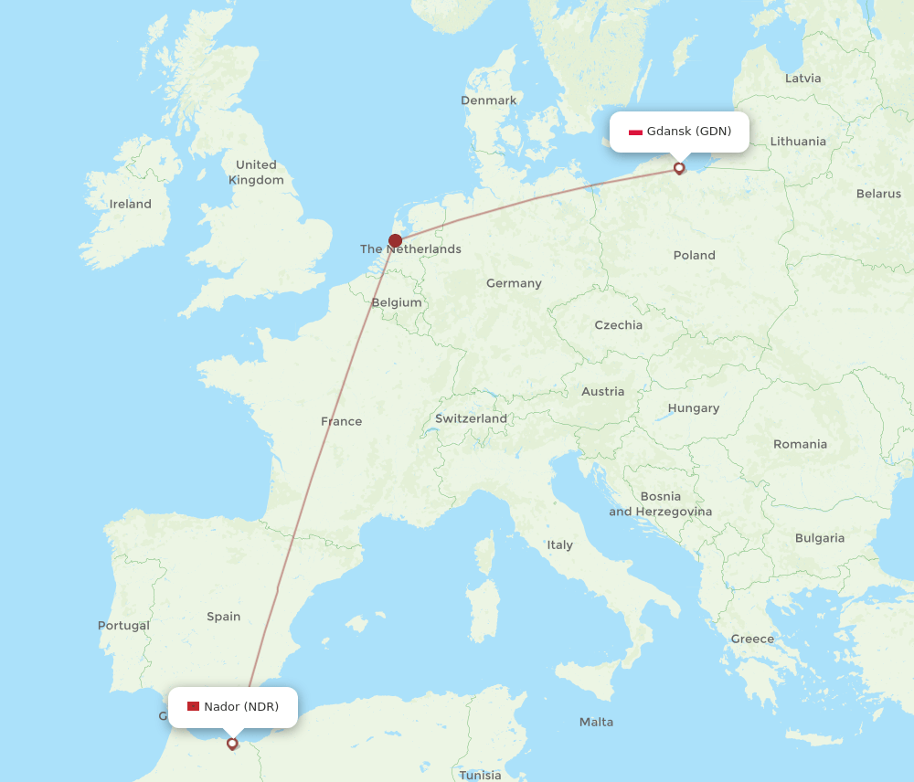 Gdansk - Nador route map and flight paths