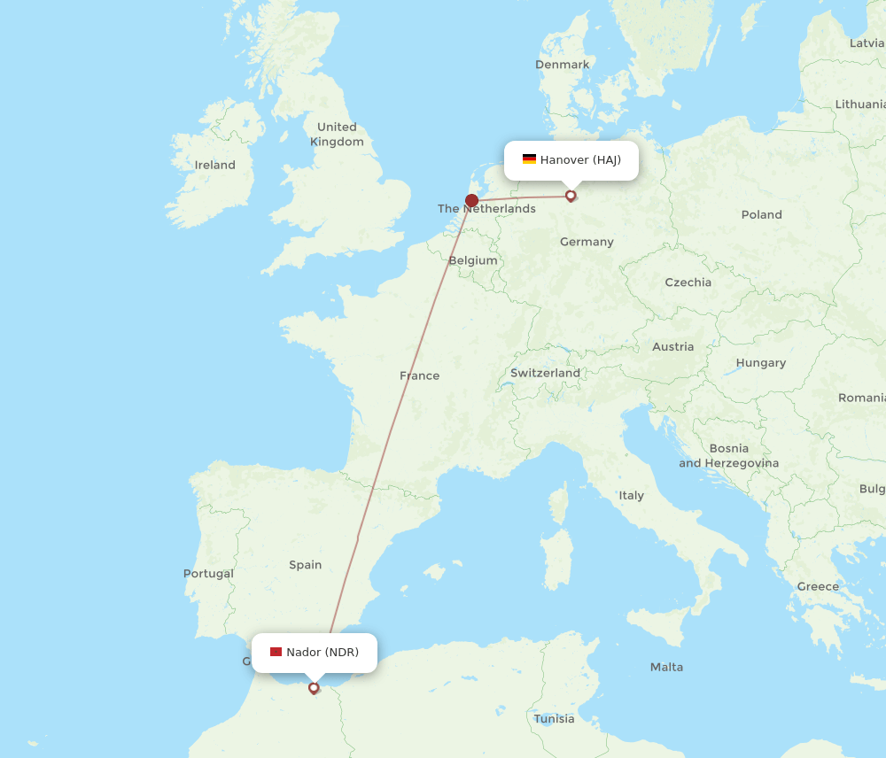 Hanover - Nador route map and flight paths