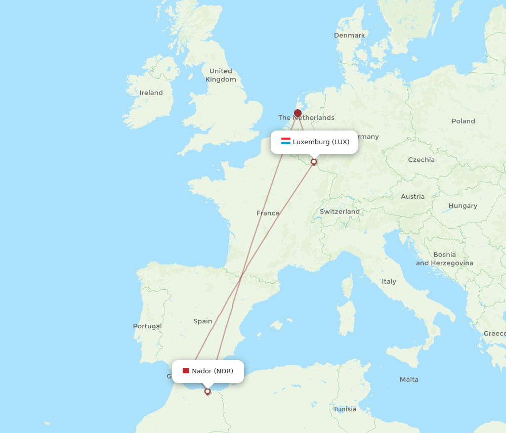 Luxembourg - Nador route map and flight paths
