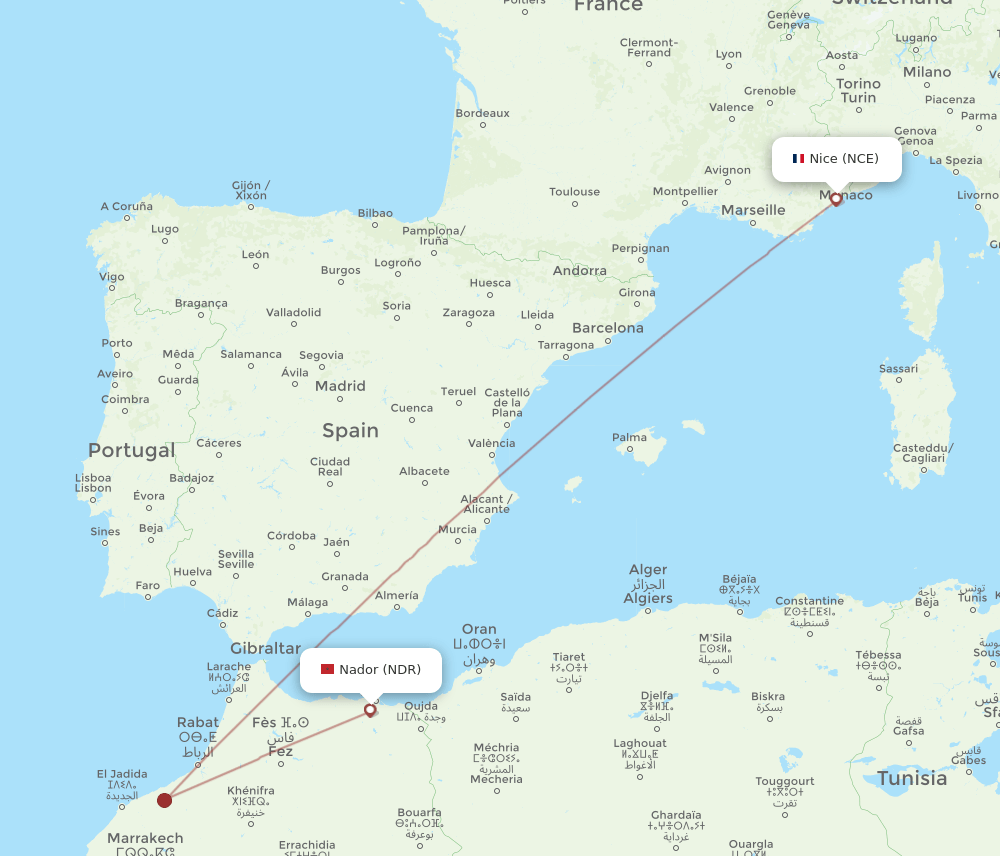 Nice - Nador route map and flight paths