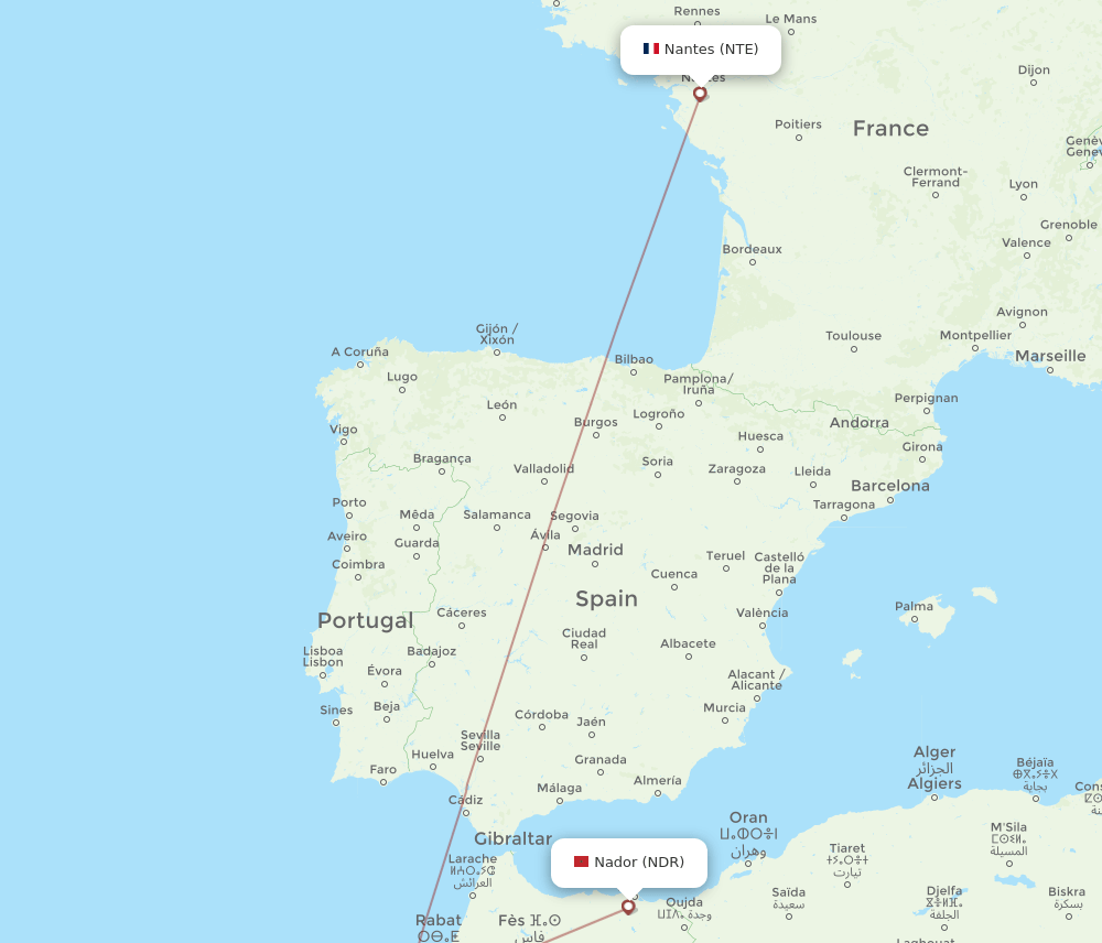 Nantes - Nador route map and flight paths