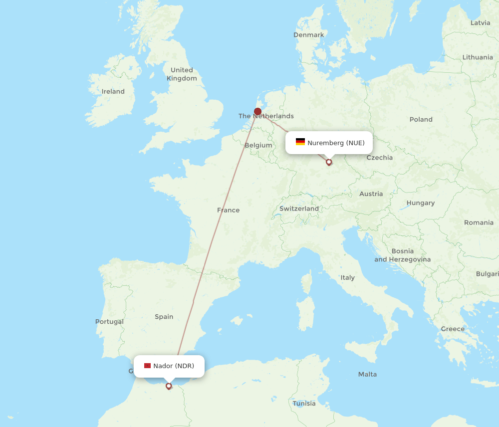 Nuremberg - Nador route map and flight paths