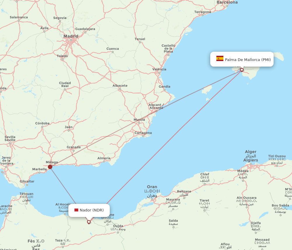 Nador - Palma de Mallorca route map and flight paths