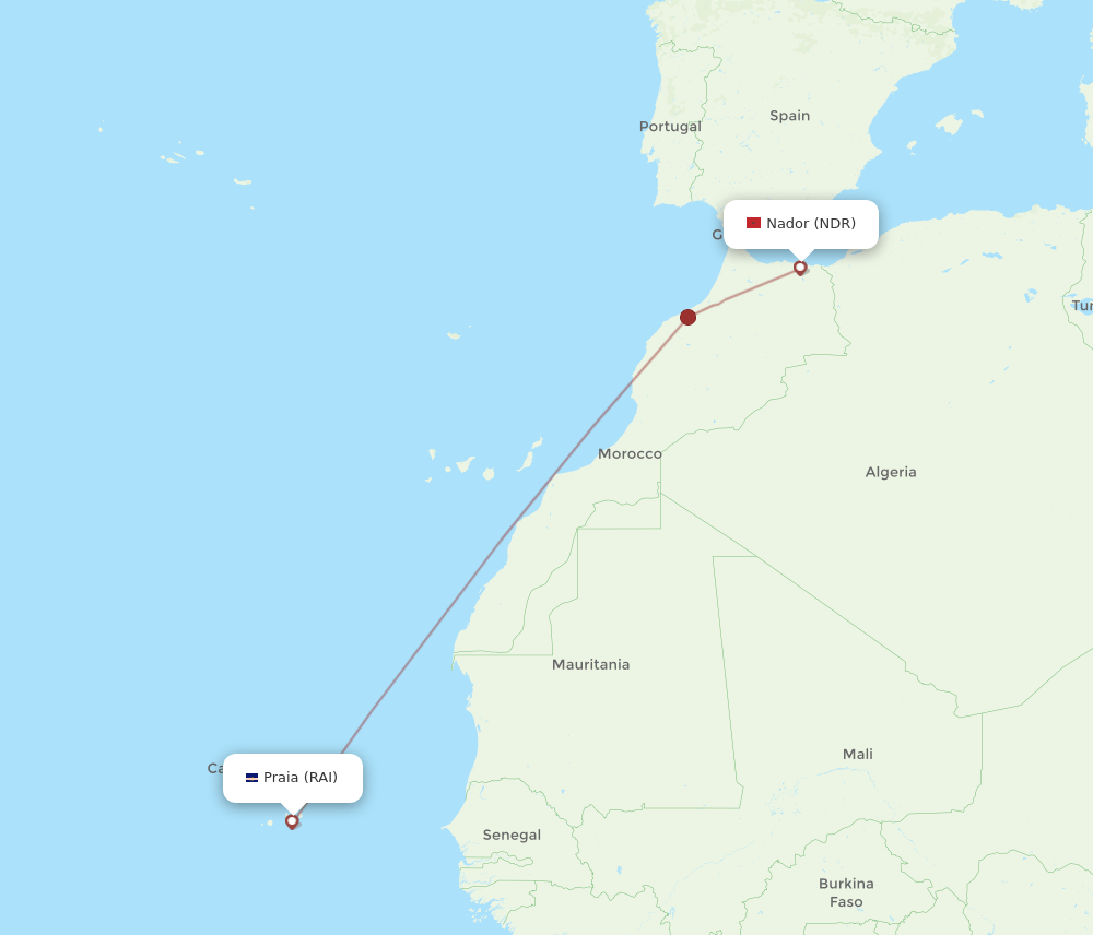 Praia - Nador route map and flight paths