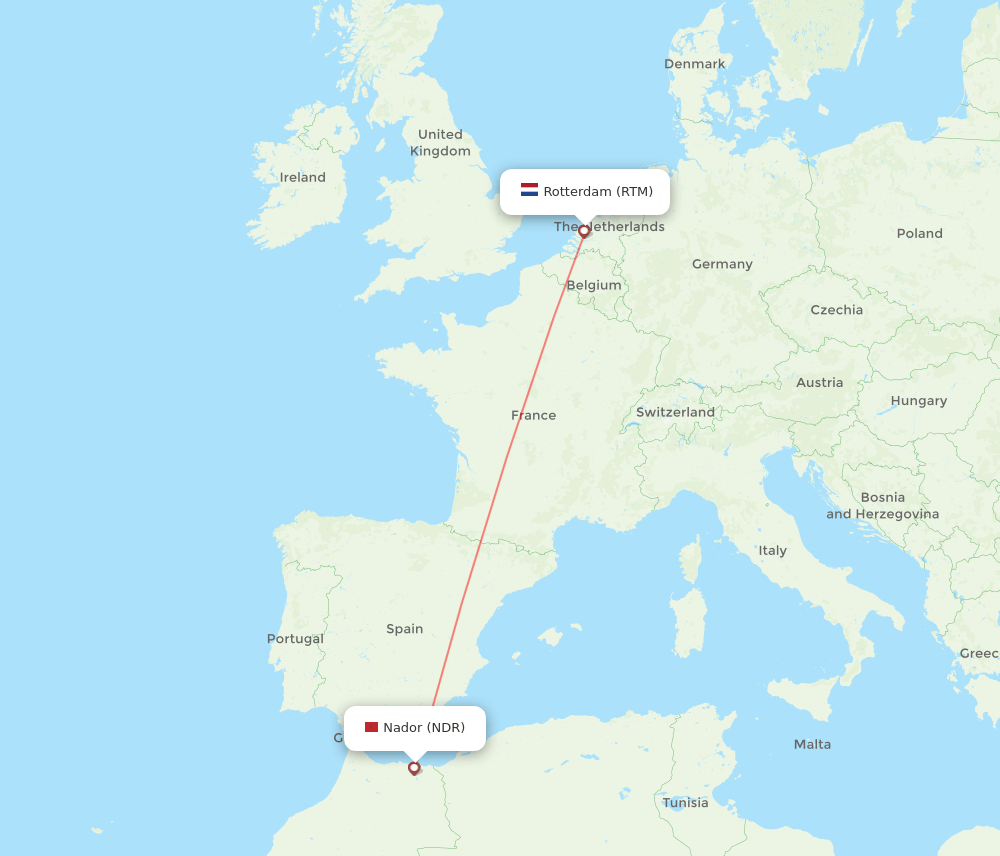 Nador - Rotterdam route map and flight paths