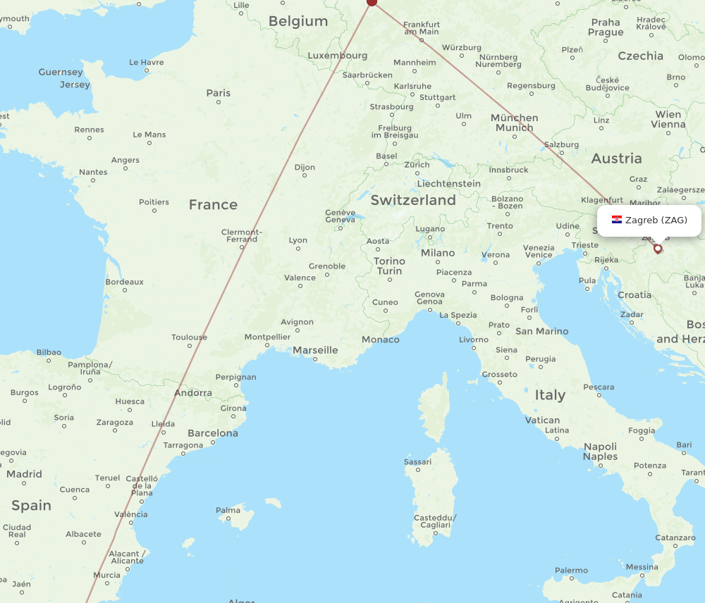 Zagreb - Nador route map and flight paths