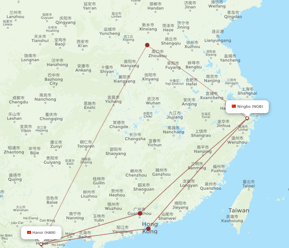 NGB to HAN flights and routes map