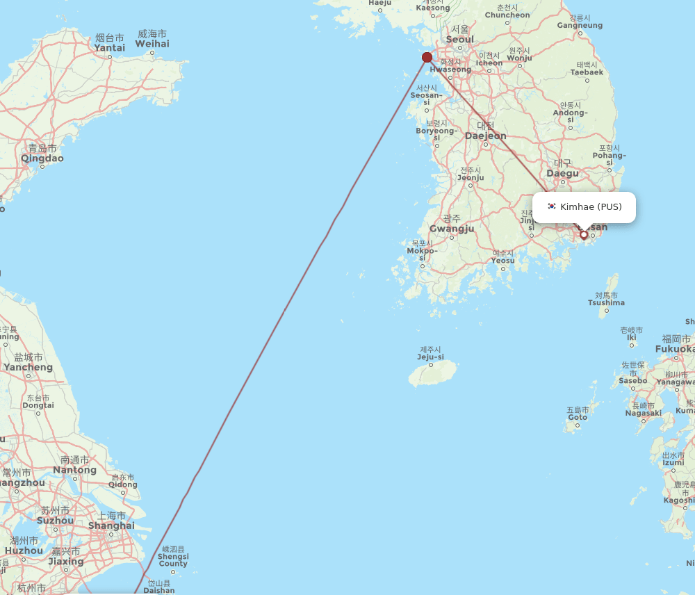 Busan - Ningbo route map and flight paths