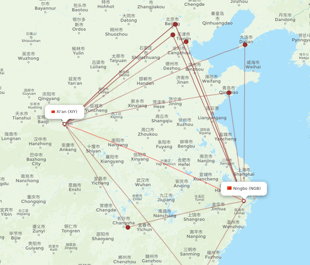 NGB to XIY flights and routes map